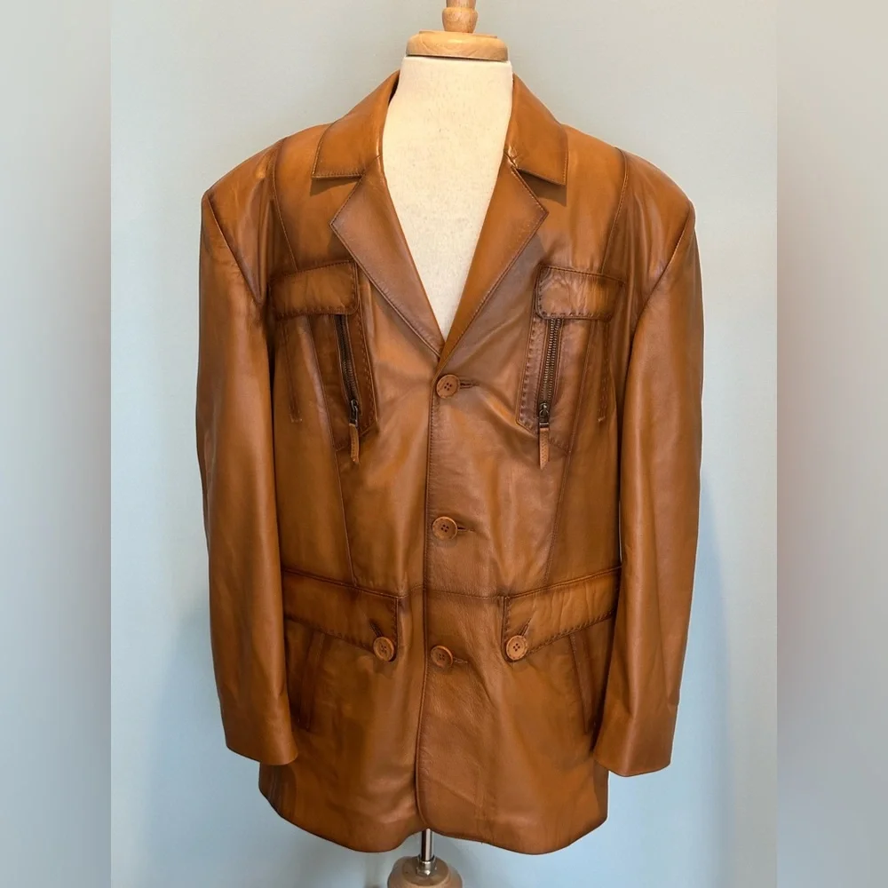 Marcello Sport Buckskin Leather Vintage Sport Jacket detailed Stitching Size XL